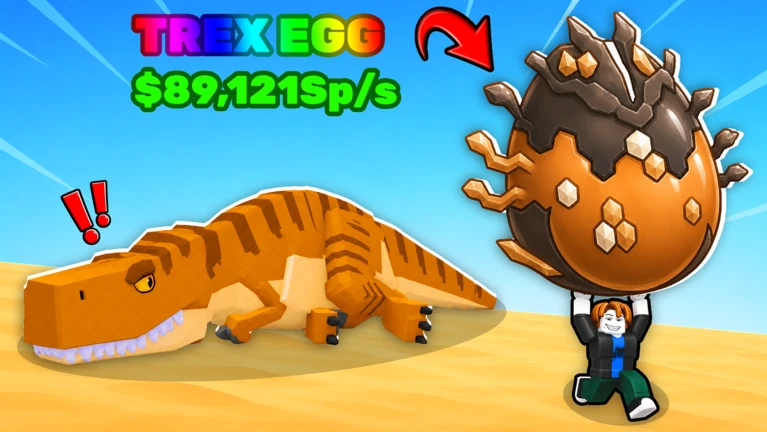 ภาพจากเกม Steal An Egg มีไข่ ไดโนเสาร์ และตัวละครวิ่ง พร้อมสัญลักษณ์เงินในเกม