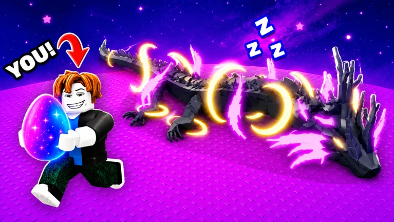 ภาพจากเกม Steal An Egg ตัวละครถือไข่ขณะไดโนเสาร์พัก เหมาะกับงานฟาร์มแบบ AFK