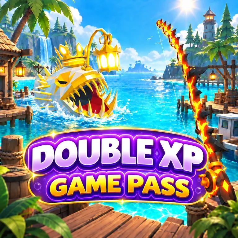 Double XP — Fisch Game Pass บนฉากท่าเรือพร้อมปลาและเบ็ด