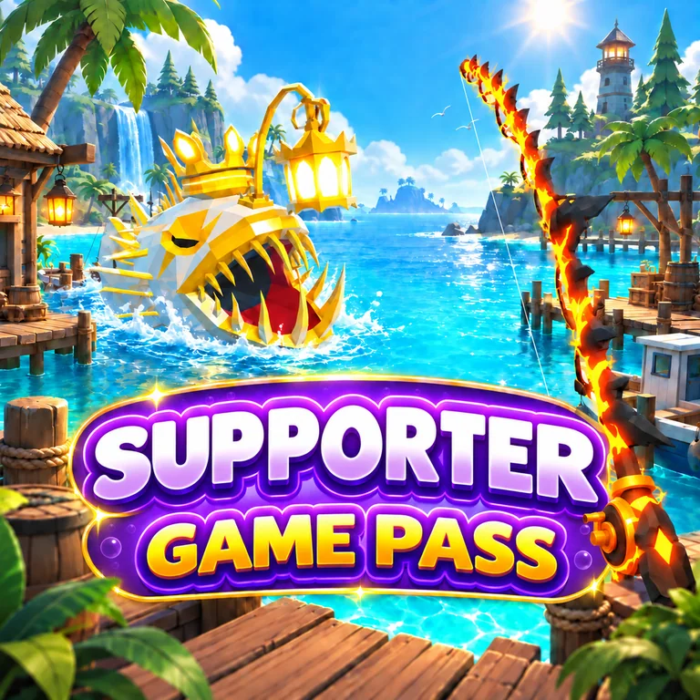 Supporter — Fisch Game Pass บนฉากท่าเรือพร้อมปลาและเบ็ด