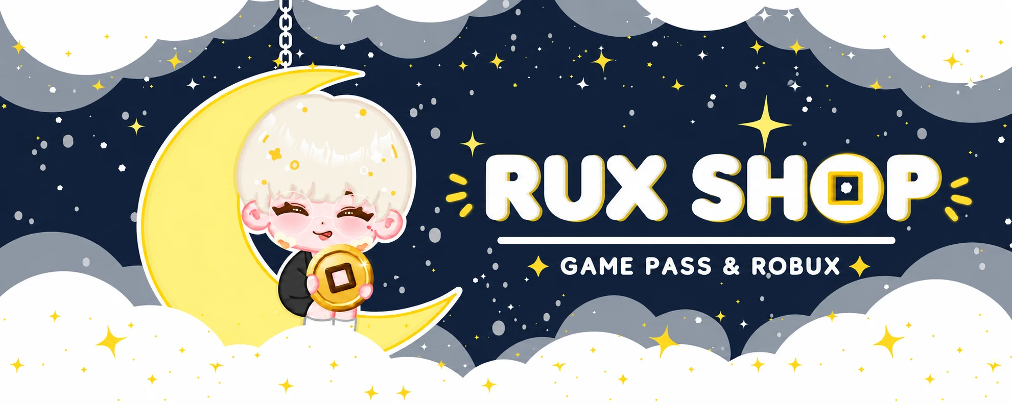 แบนเนอร์ RUX Shop มาสคอตบนพระจันทร์ พร้อมข้อความ Game Pass และ Robux
